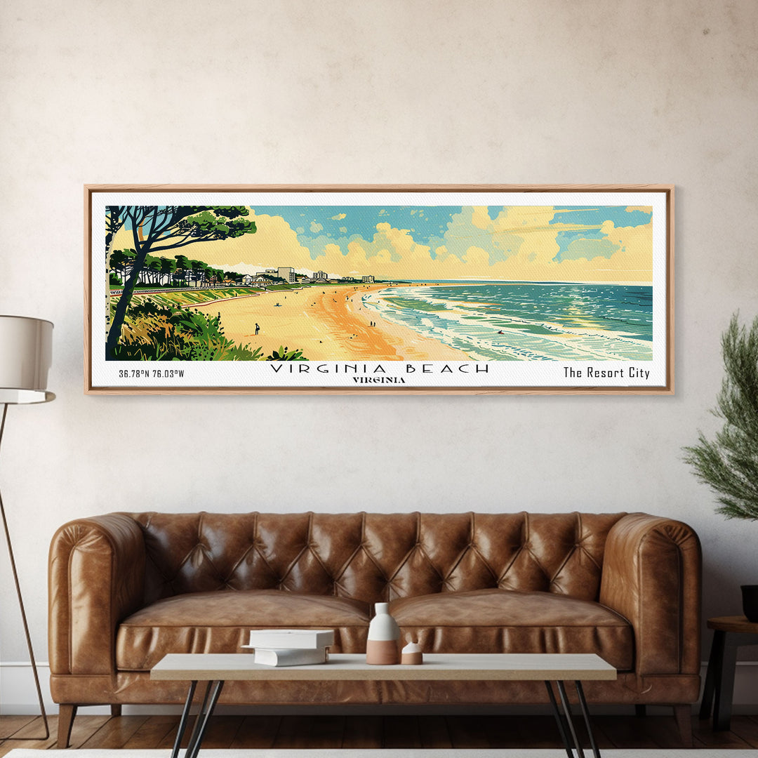 Virginia Beach Virginia Panoramic Painting, Mid Century Modern Framed Canvas Print, Retro Pop Art Travel Poster, Office Wall Art, Home Decoration