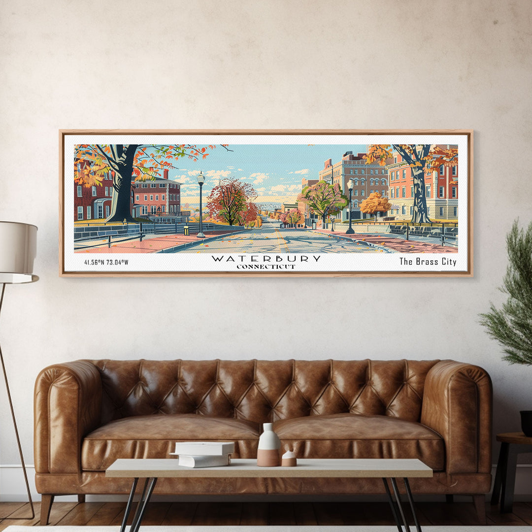 Waterbury Connecticut Panoramic Art, Mid Century Modern Framed Canvas Print, Retro Pop Art Travel Poster, City Print, Living Room Wall Decor