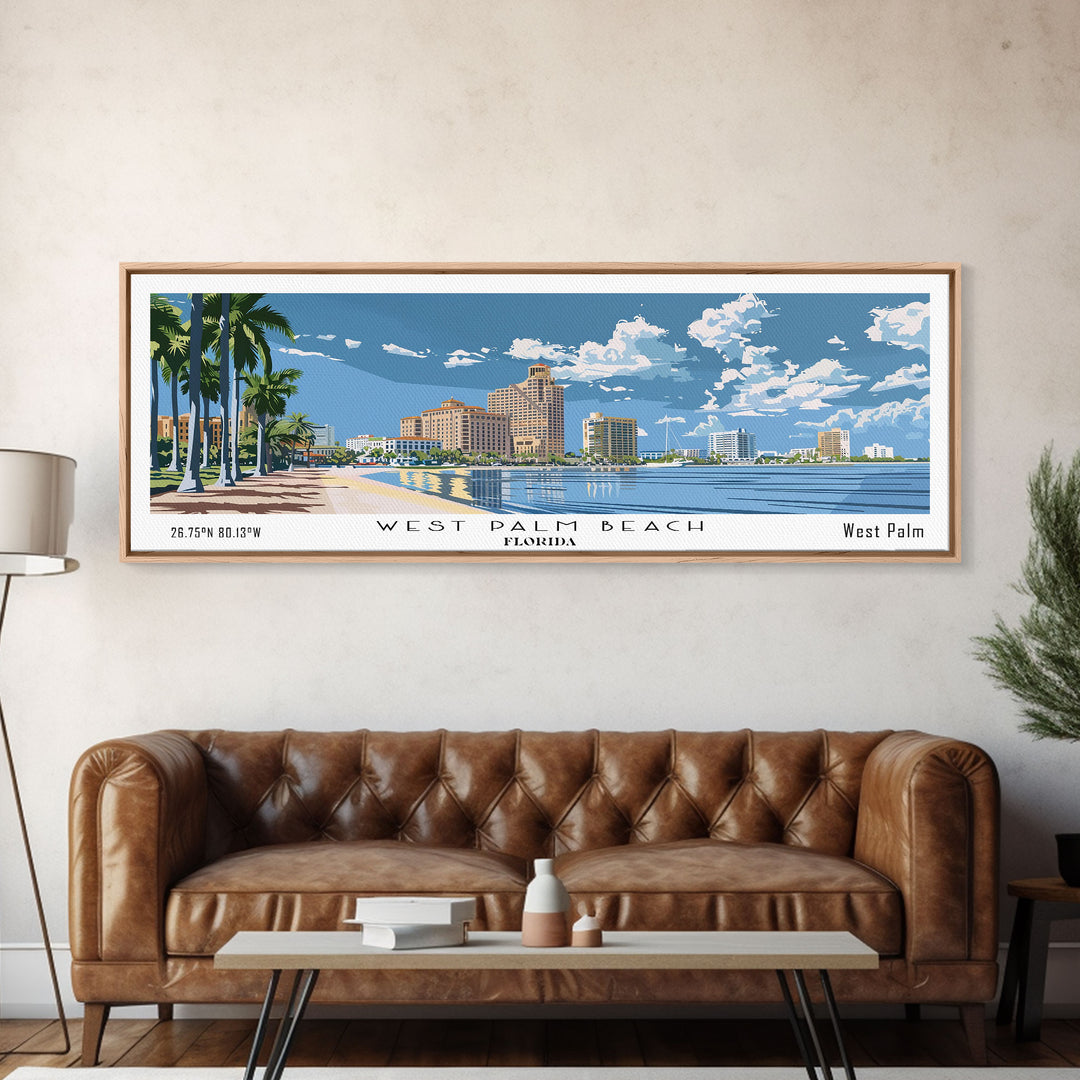 West Palm Beach Florida Panoramic Wall Art, Mid Century Modern Framed Canvas Print, Retro Pop Art Travel Poster, City Art, Home Decoration