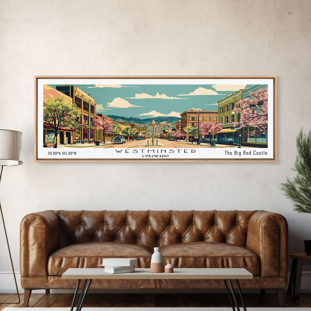 Westminster Colorado Panoramic Painting, Mid Century Modern Framed Canvas Print, Retro Pop Art Travel Poster, Office Wall Art, Home Decoration