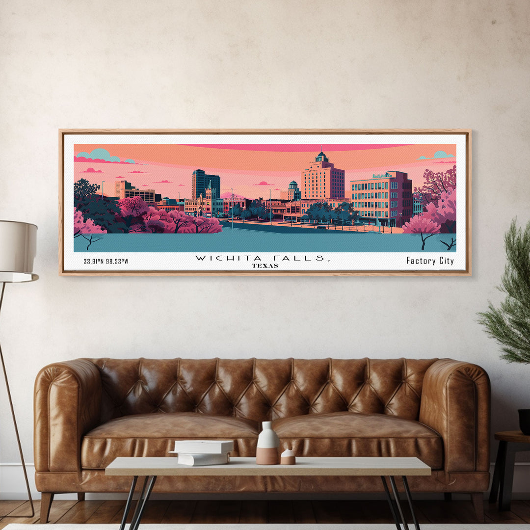 Wichita Falls Texas Panoramic Art, Mid Century Modern Framed Canvas Print, Retro Pop Art Travel Poster, City Print, Living Room Wall Decor