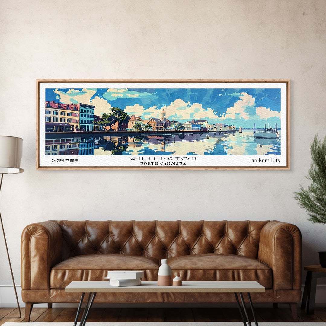 Wilmington North Carolina Panoramic Wall Art, Mid Century Modern Framed Canvas Print, Retro Pop Art Travel Poster, City Art, Home Decoration