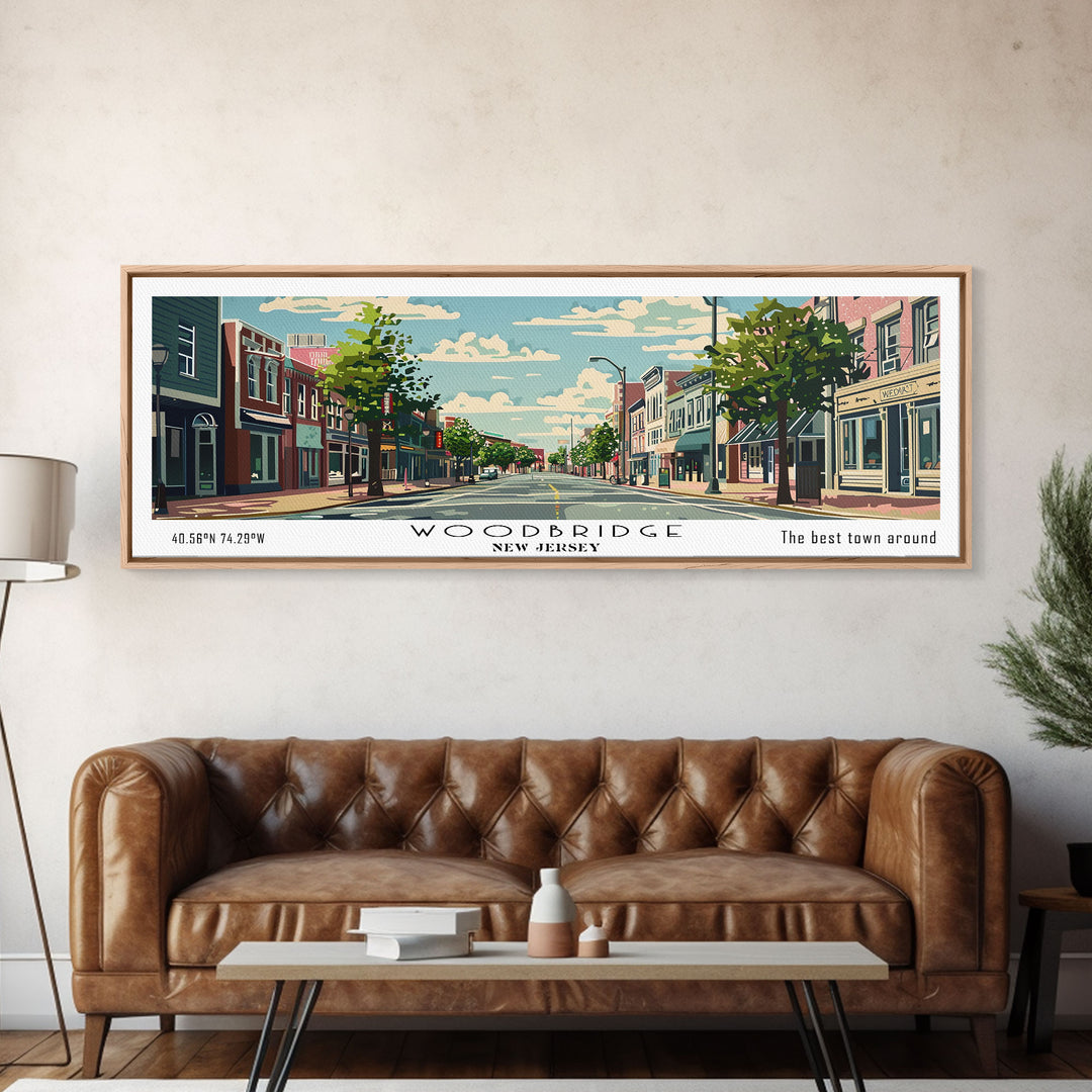 Woodbridge New Jersey Panoramic Painting, Mid Century Modern Framed Canvas Print, Retro Pop Art Travel Poster, Office Wall Art, Home Decoration