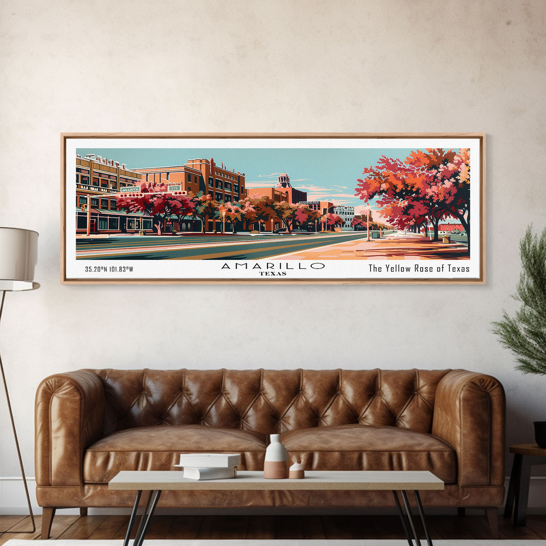 Amarillo Texas Panoramic Painting, Framed Canvas Print, Mid Century Modern Wall Art, Retro Pop Art Travel Poster, Home Decor, City Art