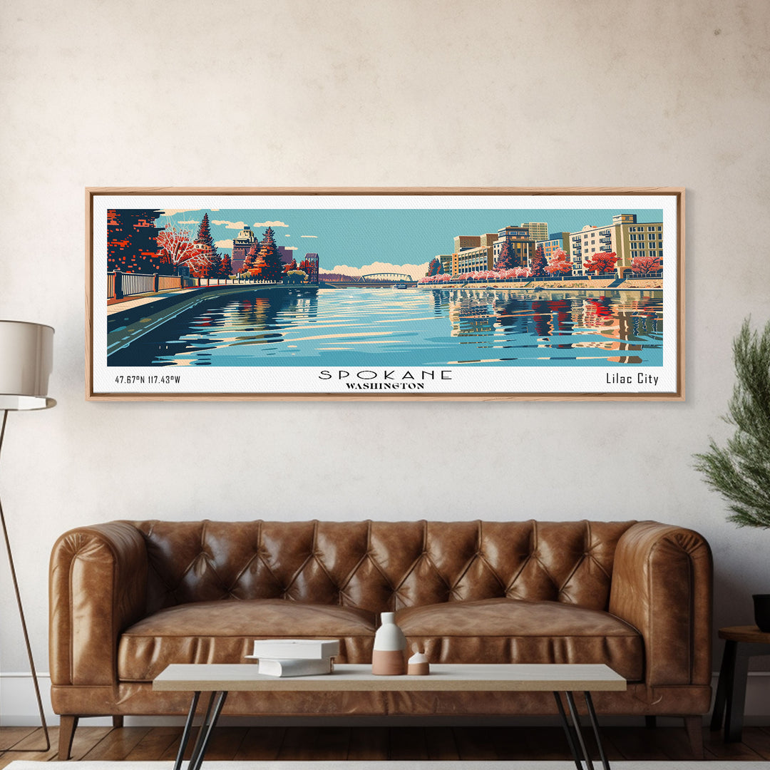 Spokane Washington Panoramic Painting, Mid Century Modern Framed Canvas Print, Retro Pop Art Travel Poster, Cityscape, Home Decor, Office Wall Art