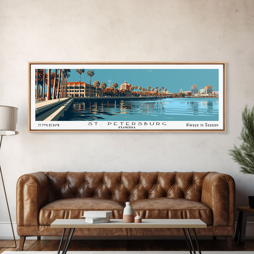 St. Petersburg Florida Panoramic Painting, Mid Century Modern Framed Canvas Print, Retro Pop Art Travel Poster, Cityscape, Home Decor, Office Wall Art