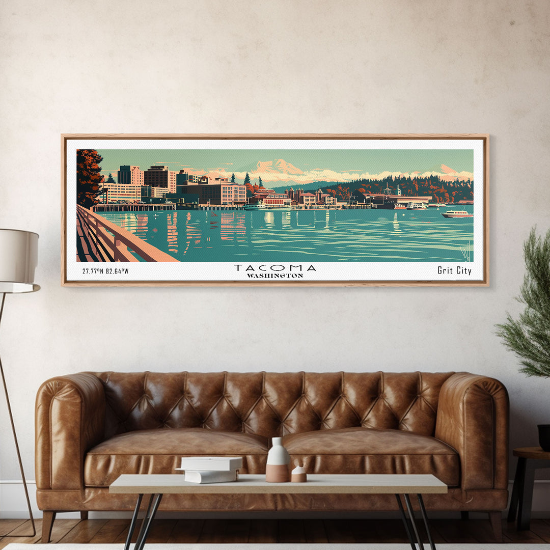 Tacoma Washington Panoramic Wall Art, Mid Century Modern Framed Canvas Print, Retro Pop Art Cityscape, Travel Poster, Living Room Decor