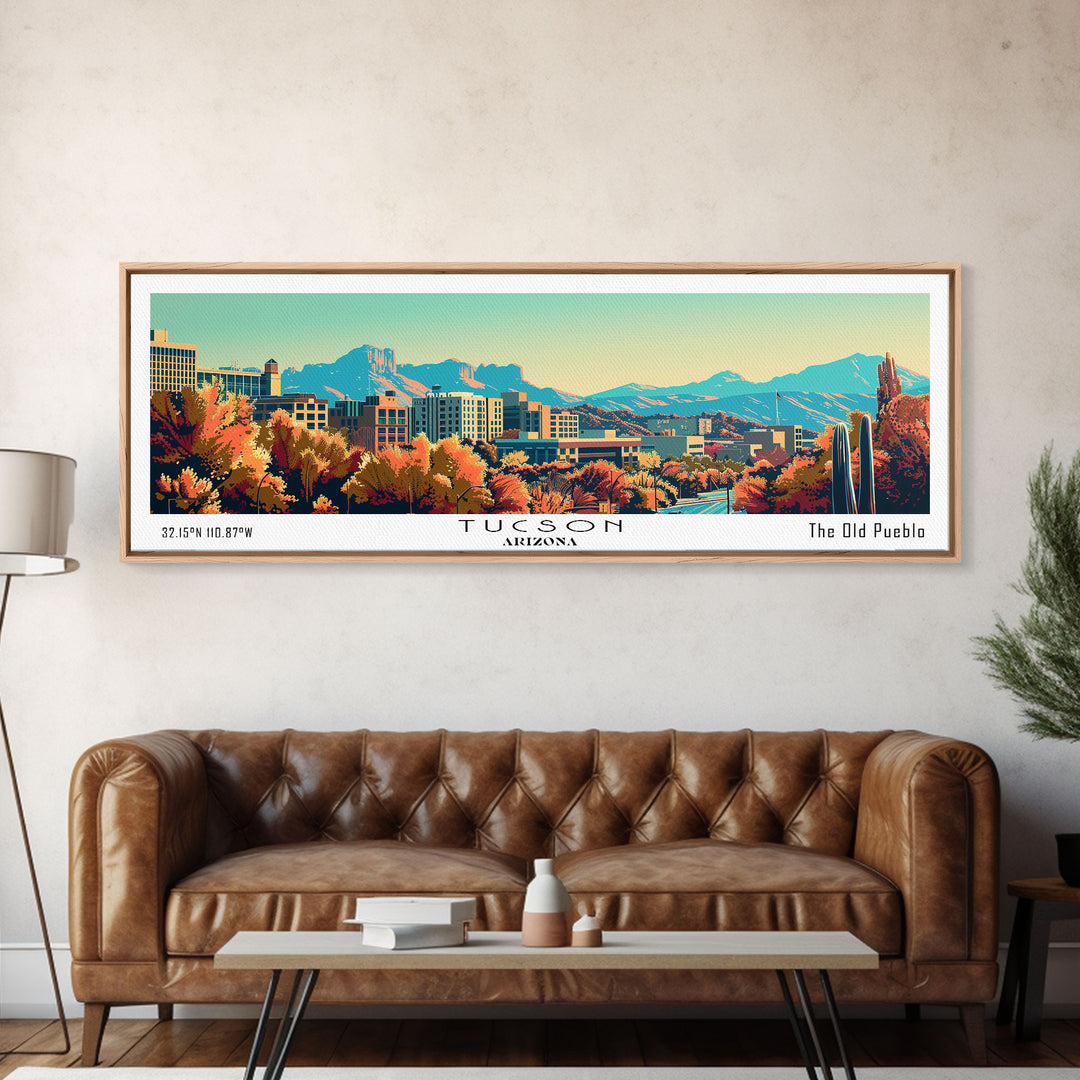 Tucson Arizona Panoramic Painting, Mid Century Modern Framed Canvas Print, Retro Pop Art Travel Poster, Cityscape, Home Decor, Office Wall Art