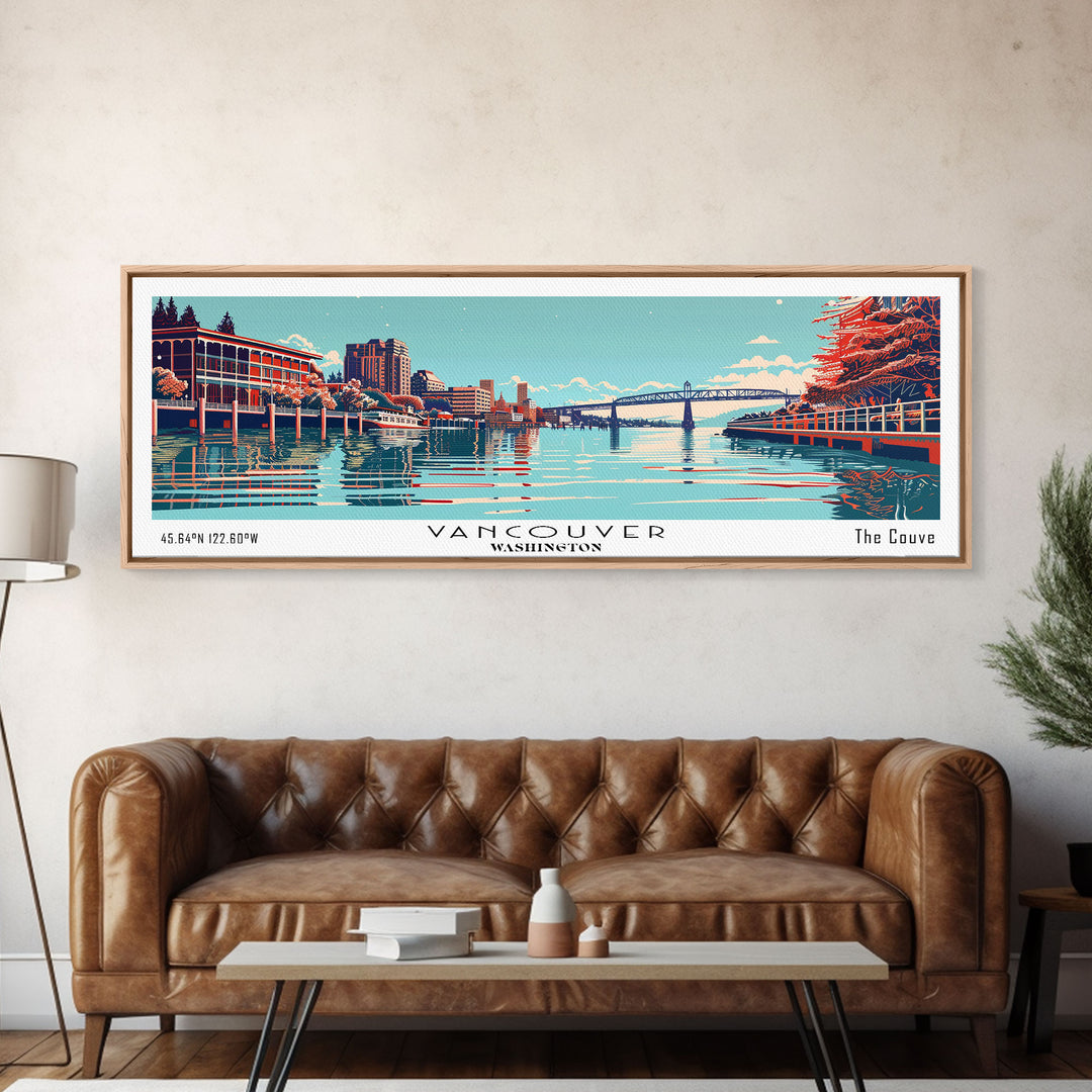 Vancouver Washington Panoramic Cityscape, Mid Century Modern Framed Canvas Print, Retro Pop Art Travel Poster, City Art Decor, Living Room Art