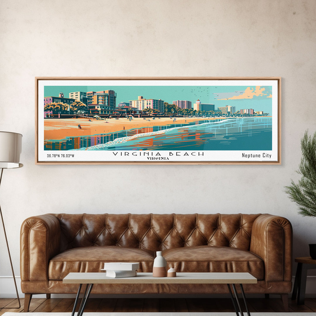 Virginia Beach Virginia Panoramic Wall Art, Mid Century Modern Framed Canvas Print, Retro Pop Art Travel Poster, Beach City Art, Home Office Decor