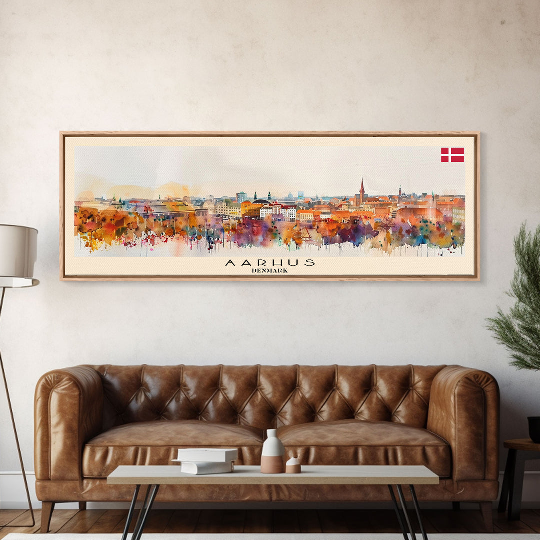 Aarhus Denmark Panoramic Travel Poster, Framed Canvas Print or Metal Wall Art, Travel Art, Home Decor, Panoramic Painting, Midcentury Art