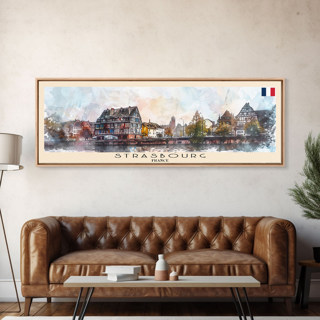 Strasbourg France Panoramic Travel Poster, Framed Canvas Print or Metal Wall Art, Travel Art, Home Decor, Panoramic Painting, Midcentury Art