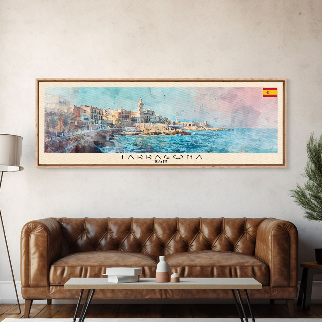 Tarragona Spain Panoramic Travel Poster, Framed Canvas Print or Metal Wall Art, Travel Art, Home Decor, Panoramic Painting, Midcentury Art