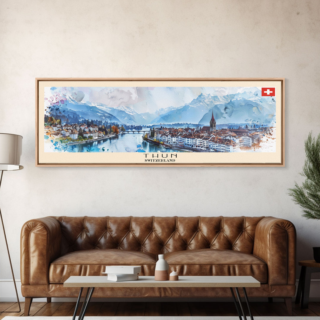 Thun Switzerland Panoramic Travel Poster, Framed Canvas Print or Metal Wall Art, Travel Art, Home Decor, Panoramic Painting, Midcentury Art