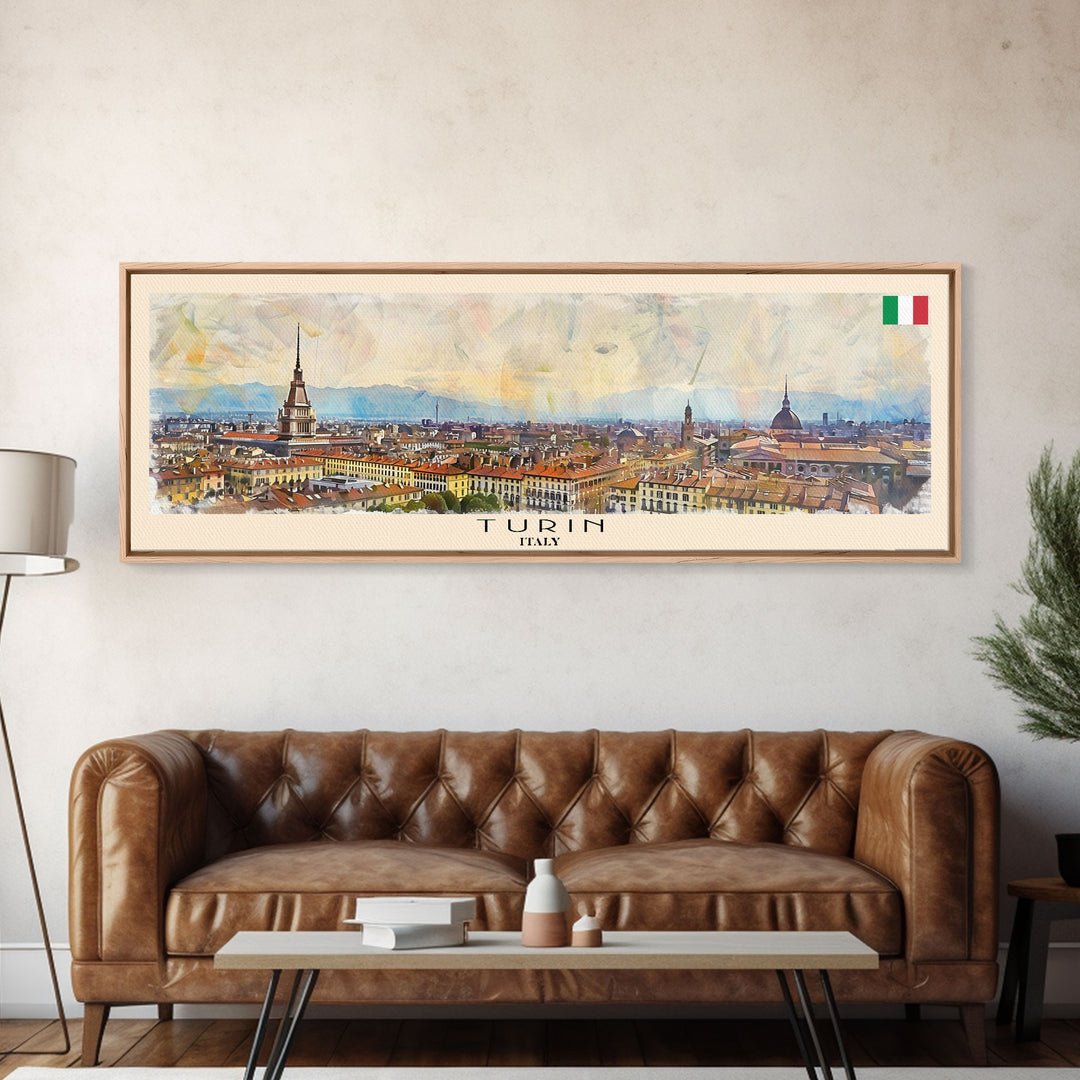 Turin Italy Panoramic Travel Poster, Framed Canvas Print or Metal Wall Art, Travel Art, Home Decor, Panoramic Painting, Midcentury Art