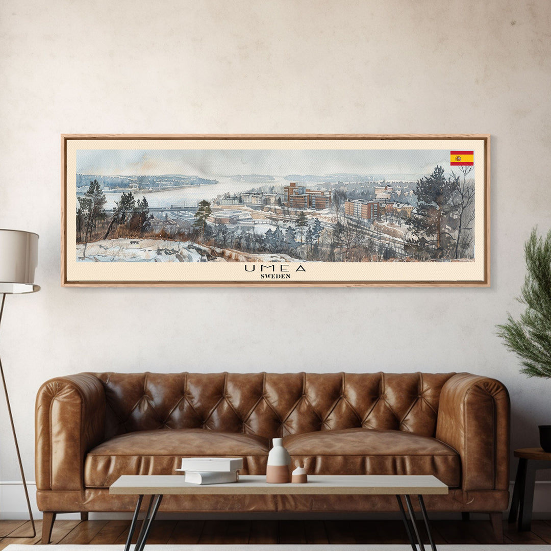 Ume Sweden Panoramic Travel Poster, Framed Canvas Print or Metal Wall Art, Travel Art, Home Decor, Panoramic Painting, Midcentury Art