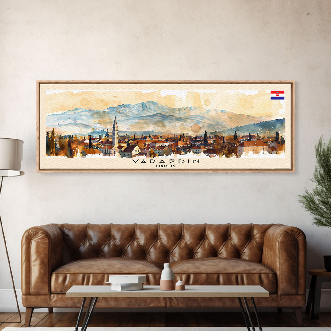 Varadin Croatia Panoramic Travel Poster, Framed Canvas Print or Metal Wall Art, Travel Art, Home Decor, Panoramic Painting, Midcentury Art