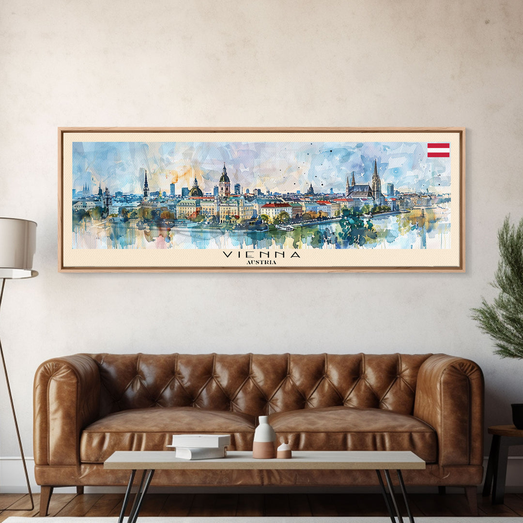 Vienna Austria Panoramic Travel Poster, Framed Canvas Print or Metal Wall Art, Travel Art, Home Decor, Panoramic Painting, Midcentury Art