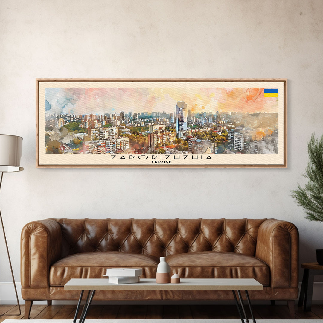 Zaporizhzhia Ukraine Panoramic Travel Poster, Framed Canvas Print or Metal Wall Art, Travel Art, Home Decor, Panoramic Painting, Midcentury Art