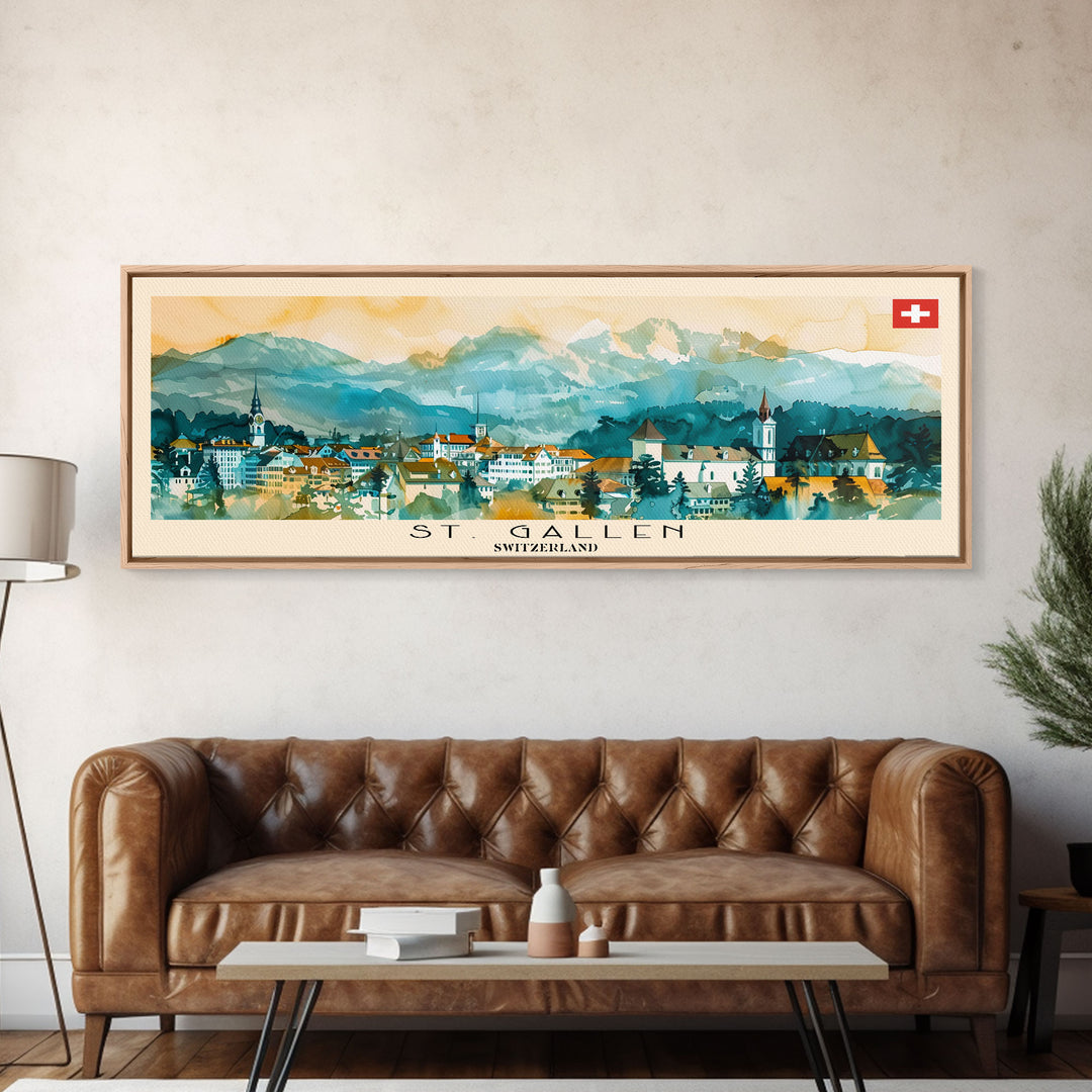 St. Gallen Switzerland Panoramic Travel Poster, Framed Canvas Print or Metal Wall Art, Travel Art, Home Decor, Panoramic Painting, Midcentury Art