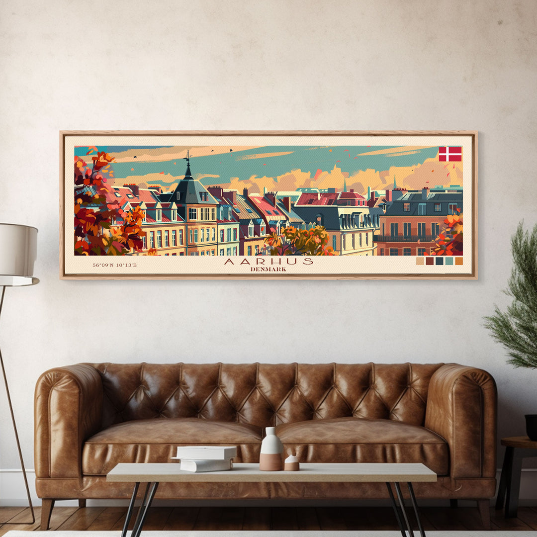 Aarhus Denmark  Panoramic Travel Poster, Framed Canvas Print or Metal Wall Art, Travel Art, Home Decor, Panoramic Painting, Midcentury Art