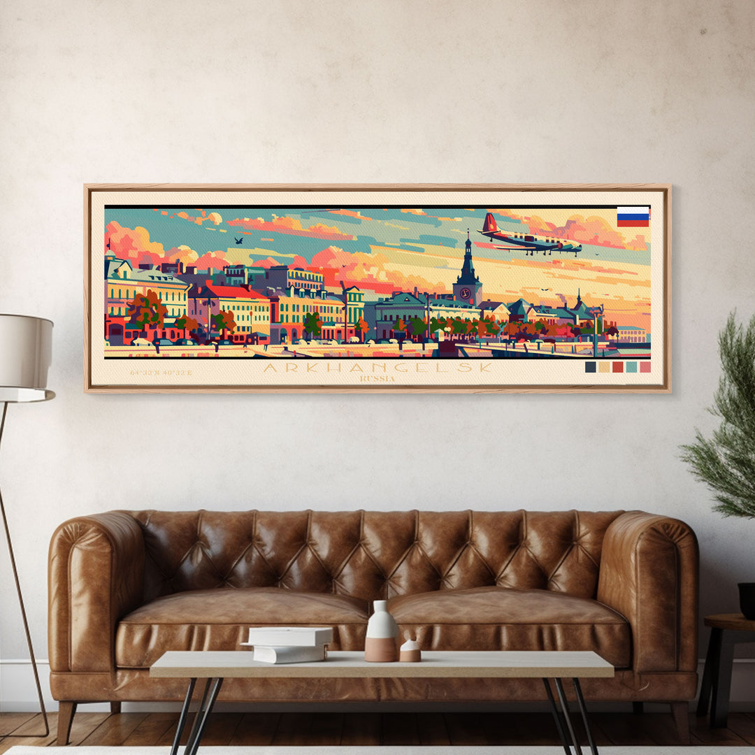 Arkhangelsk Russia Panoramic Travel Poster, Framed Canvas Print or Metal Wall Art, Travel Art, Home Decor, Panoramic Painting, Midcentury Art