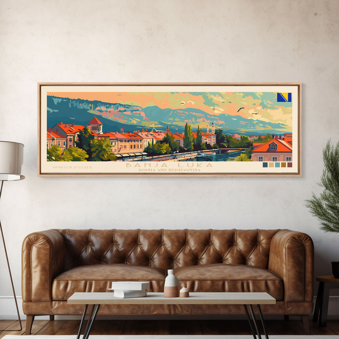 Banja Luka Bosnia Panoramic Travel Poster, Framed Canvas Print or Metal Wall Art, Travel Art, Home Decor, Panoramic Painting, Midcentury Art