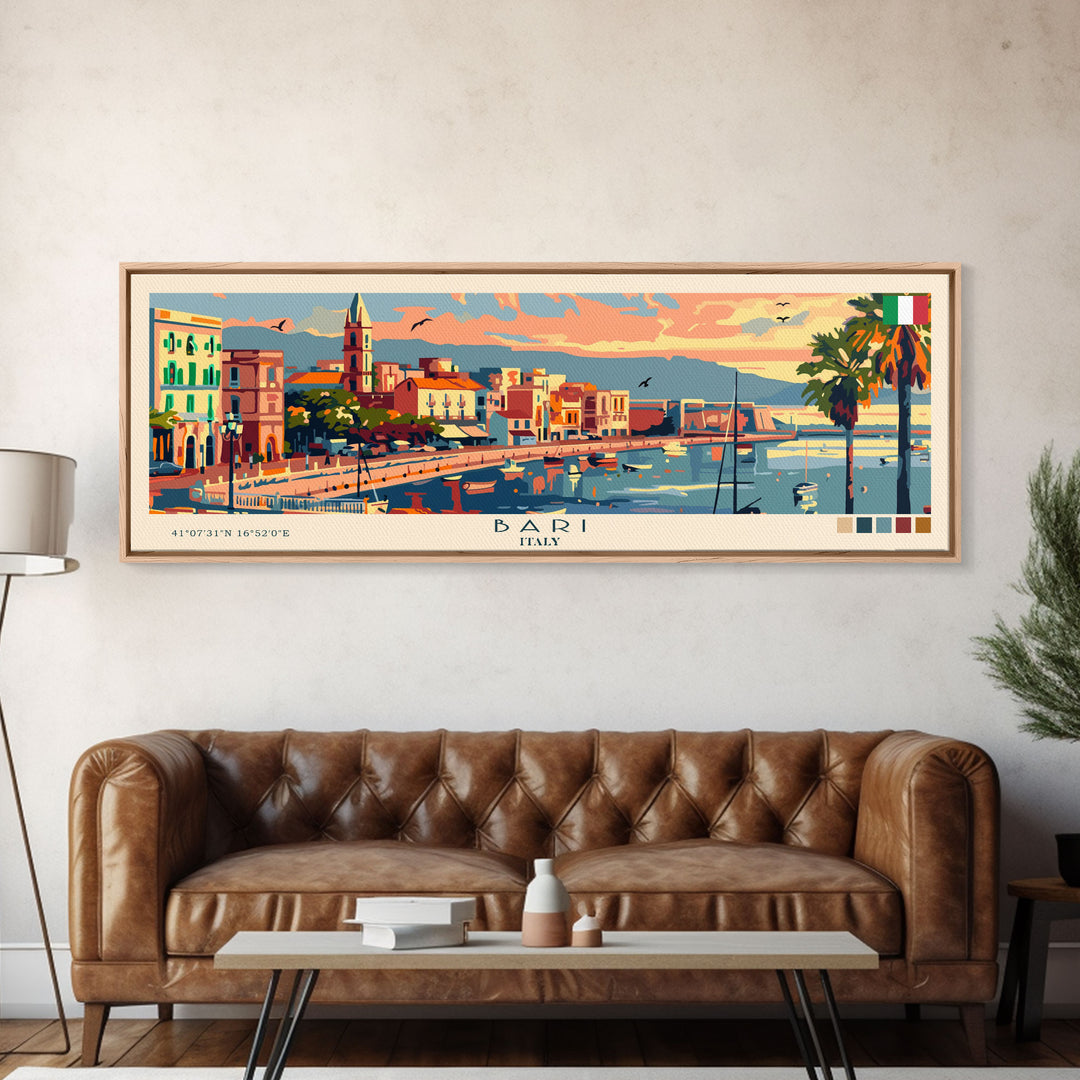 Bari Italy Travel Art, City Art, Framed Canvas Print or Metal Wall Art, Europe Travel Poster, Panoramic Wall Art, Extra Wide Wall Art