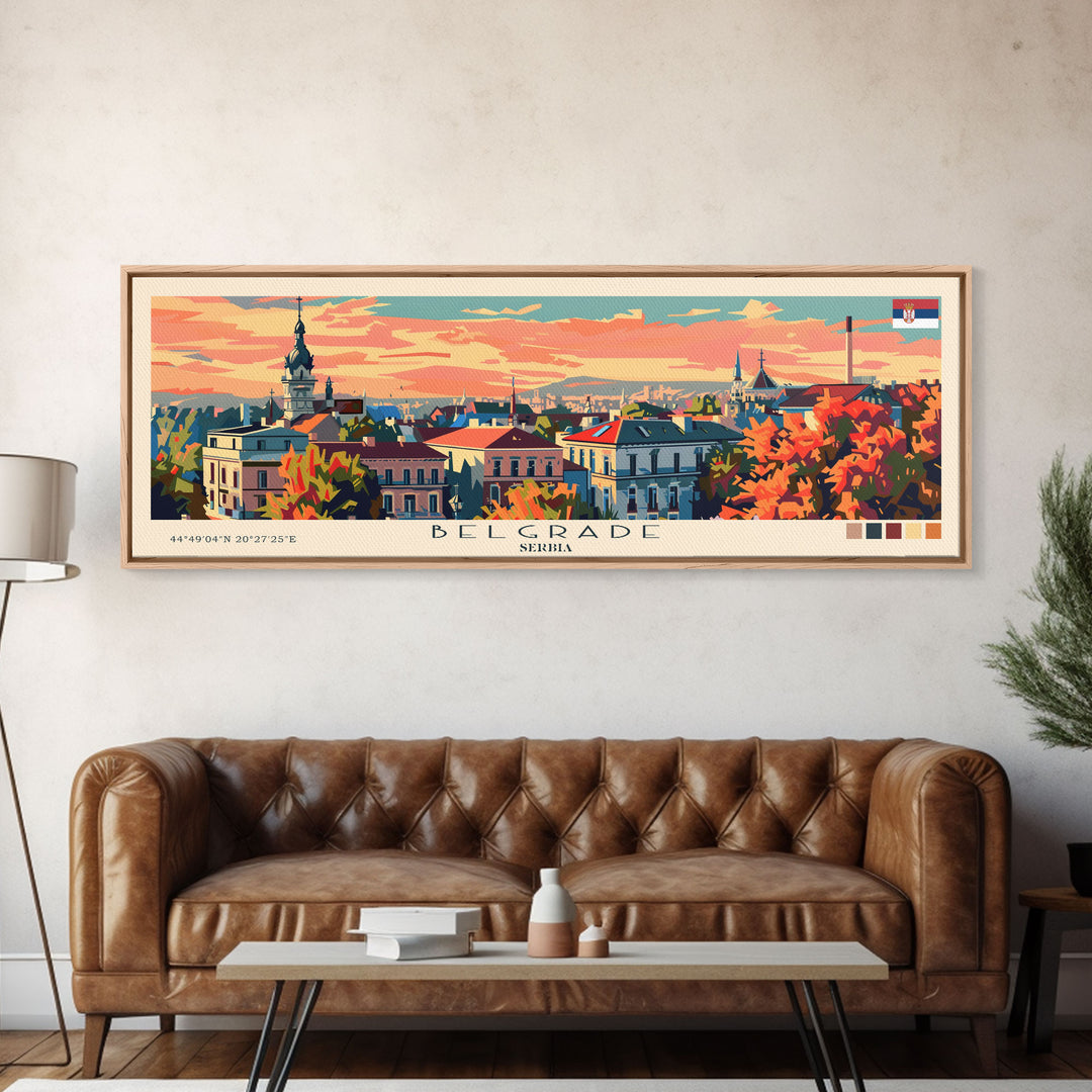 Belgrade Serbia Panoramic Travel Poster, Framed Canvas Print or Metal Wall Art, Travel Art, Home Decor, Panoramic Painting, Midcentury Art