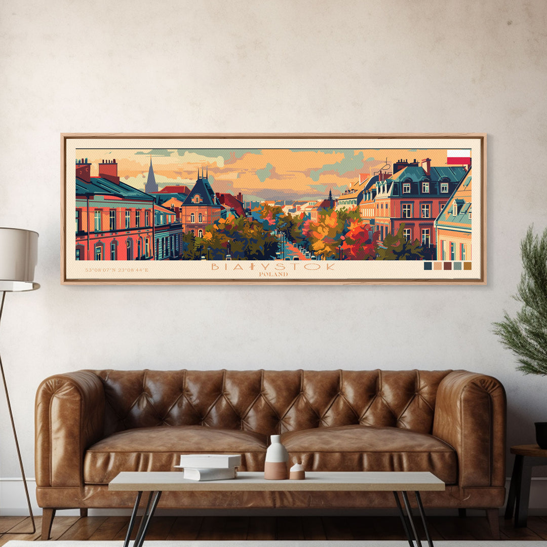 Bialystok Poland Panoramic Travel Poster, Framed Canvas Print or Metal Wall Art, Travel Art, Home Decor, Panoramic Painting, Midcentury Art