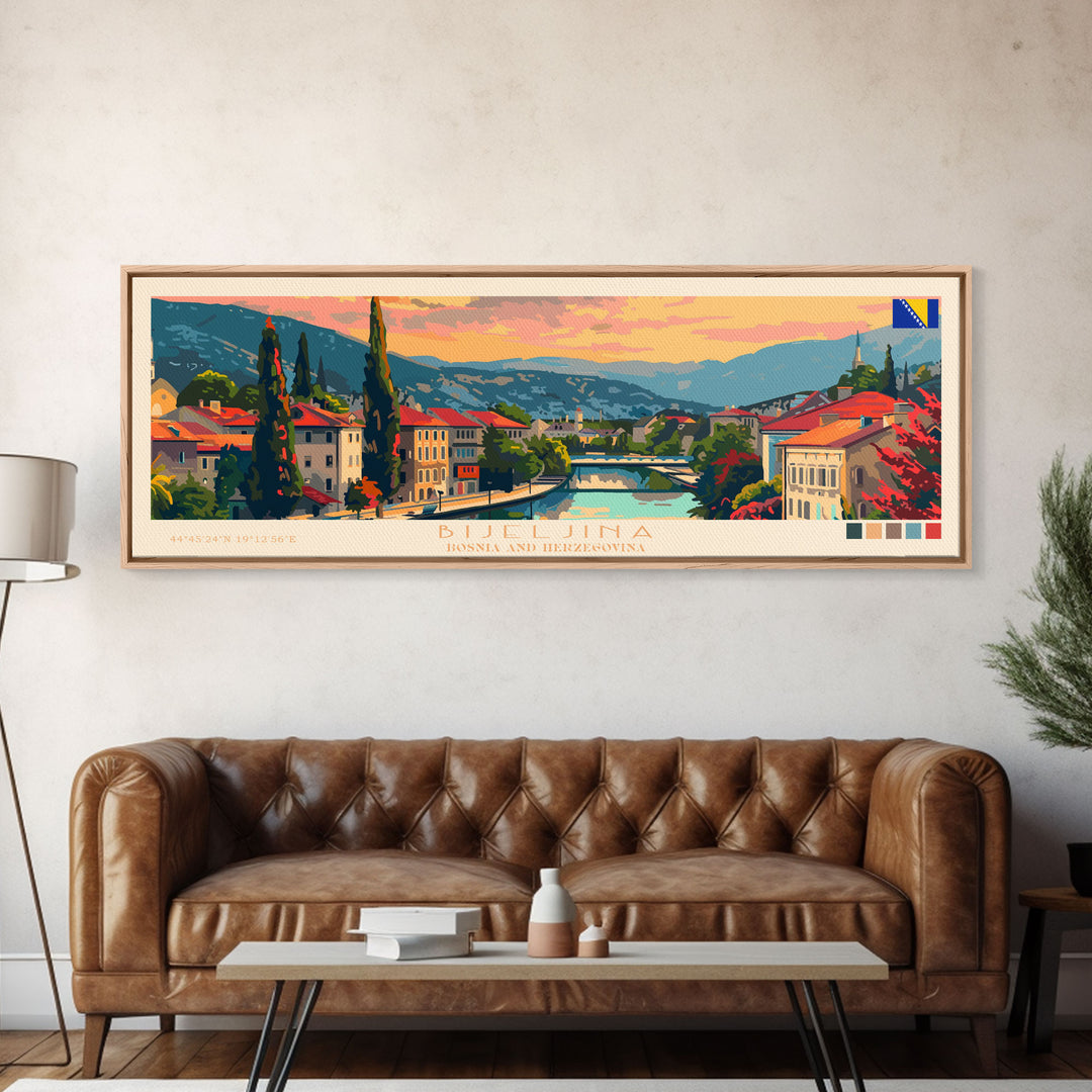 Bijeljina Bosnia Panoramic Travel Poster, Framed Canvas Print or Metal Wall Art, Travel Art, Home Decor, Panoramic Painting, Midcentury Art