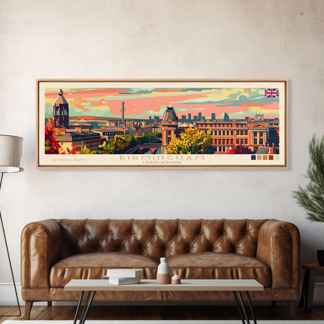 Birmingham United Kingdom Travel Print Wall Art, Panoramic City Art, Travel Art, Wall Decor, Vacation Gift, Framed Canvas Print Or Metal Art