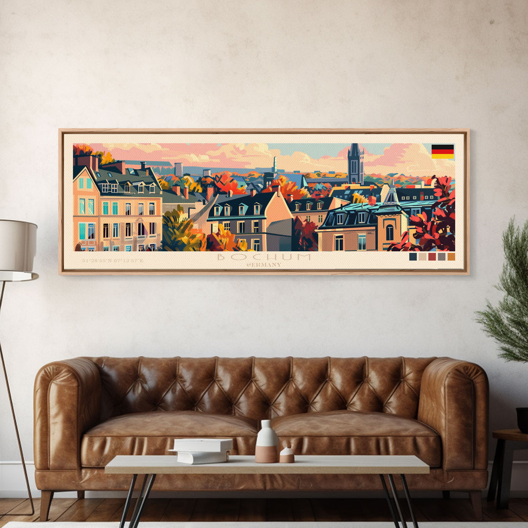 Bochum Germany Panoramic Travel Poster, Framed Canvas Print or Metal Wall Art, Travel Art, Home Decor, Panoramic Painting, Midcentury Art