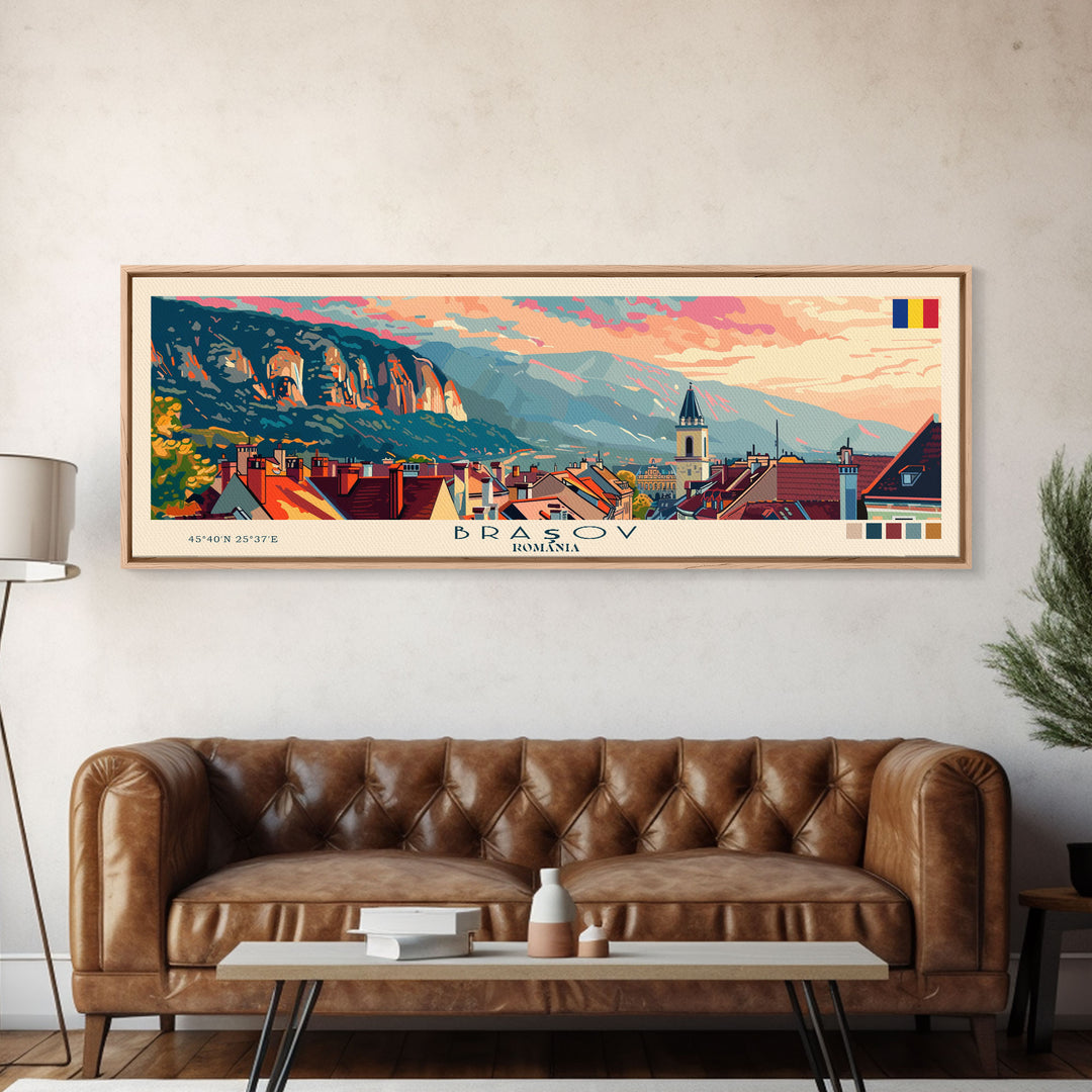 Brasov Romania Panoramic Travel Poster, Framed Canvas Print or Metal Wall Art, Travel Art, Home Decor, Panoramic Painting, Midcentury Art