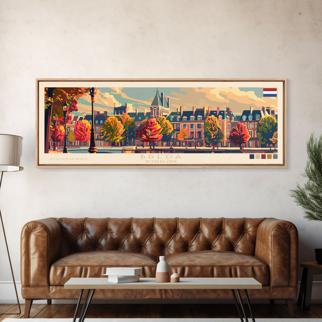 Breda Netherlands Panoramic Travel Poster, Framed Canvas Print or Metal Wall Art, Travel Art, Home Decor, Panoramic Painting, Midcentury Art