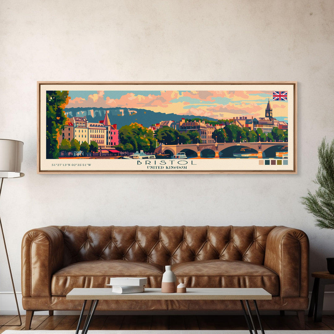 Bristol United Kingdom Panoramic Travel Poster, Framed Canvas Print or Metal Wall Art, Travel Art, Home Decor, Panoramic Painting, Midcentury Art