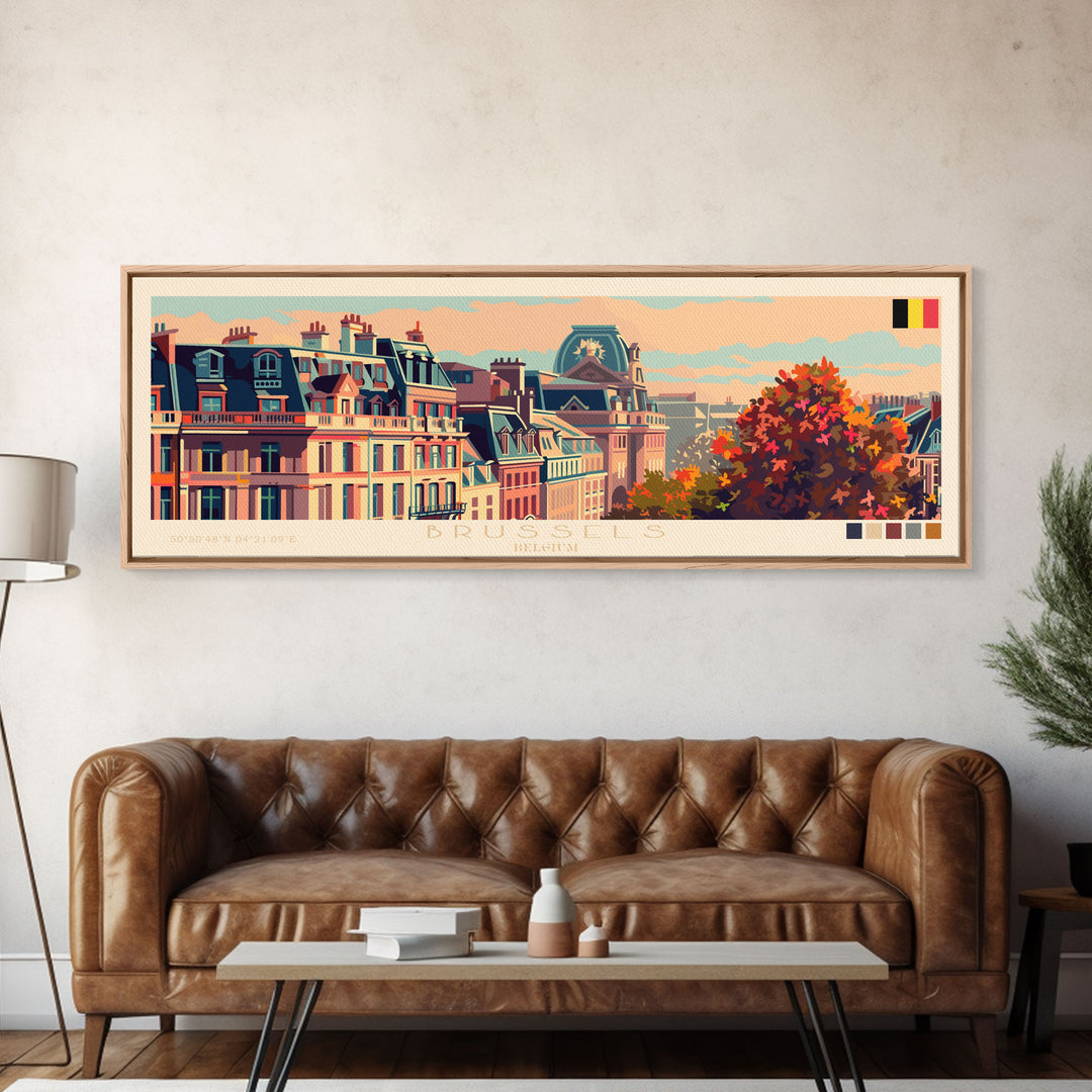 Brussels Belgium Panoramic Travel Poster, Framed Canvas Print or Metal Wall Art, Travel Art, Home Decor, Panoramic Painting, Midcentury Art