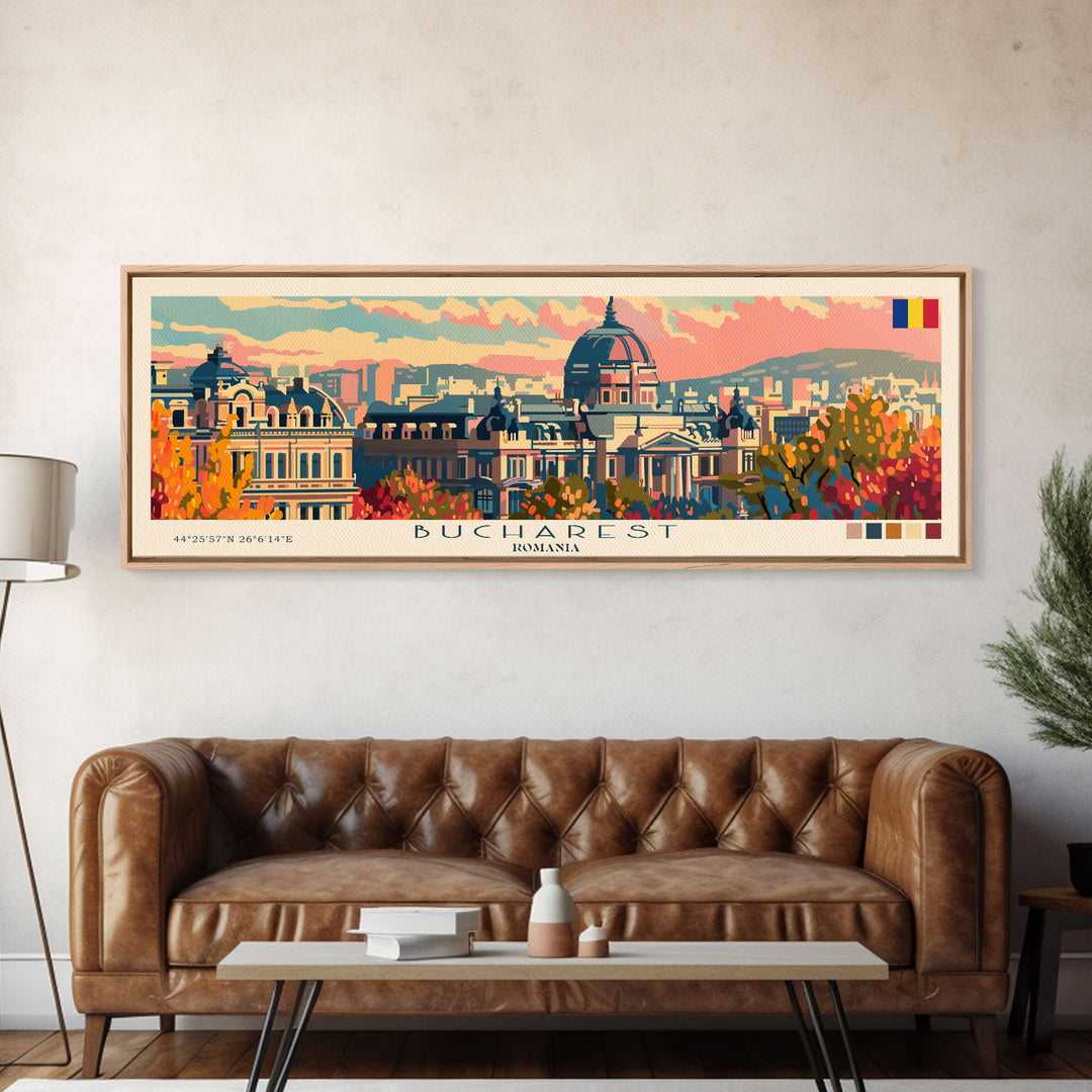 Bucharest Romania Wall Art, Panoramic Travel Poster, Panoramic Framed Canvas Print, City Wall Art, Wall Hanging Home Decor, Travel Art