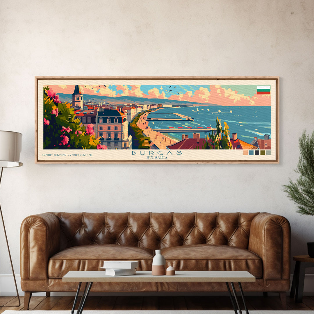 Burgas Bulgaria Panoramic Travel Poster, Framed Canvas Print or Metal Wall Art, Travel Art, Home Decor, Panoramic Painting, Midcentury Art