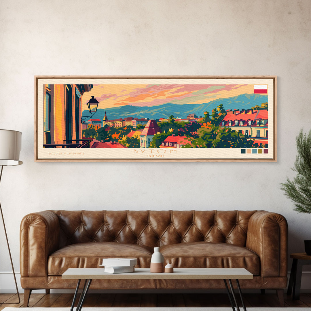 Bytom Poland Panoramic Travel Poster, Framed Canvas Print or Metal Wall Art, Travel Art, Home Decor, Panoramic Painting, Midcentury Art