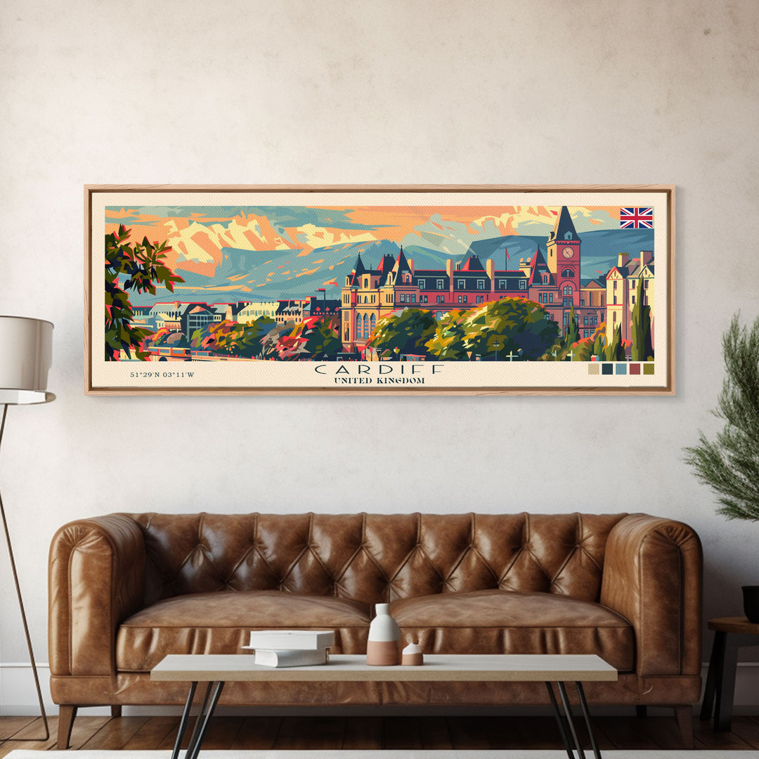 Cardiff United Kingdom Travel Art, City Art, Framed Canvas Print or Metal Wall Art, Europe Travel Poster, Panoramic Wall Art, Extra Wide Wall Art