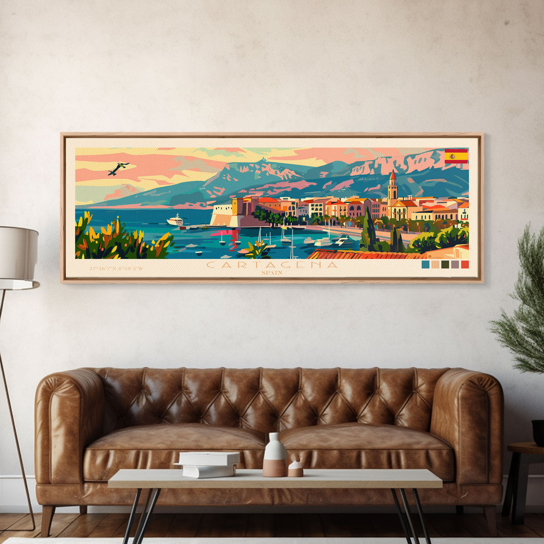 Cartagena Spain Panoramic Travel Poster, Framed Canvas Print or Metal Wall Art, Travel Art, Home Decor, Panoramic Painting, Midcentury Art