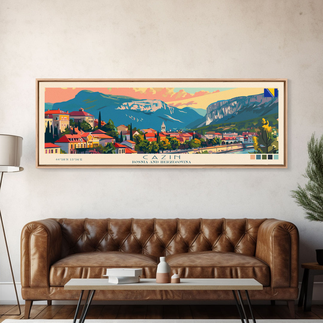 Cazin Bosnia Travel Art, City Art, Framed Canvas Print or Metal Wall Art, Europe Travel Poster, Panoramic Wall Art, Extra Wide Wall Art