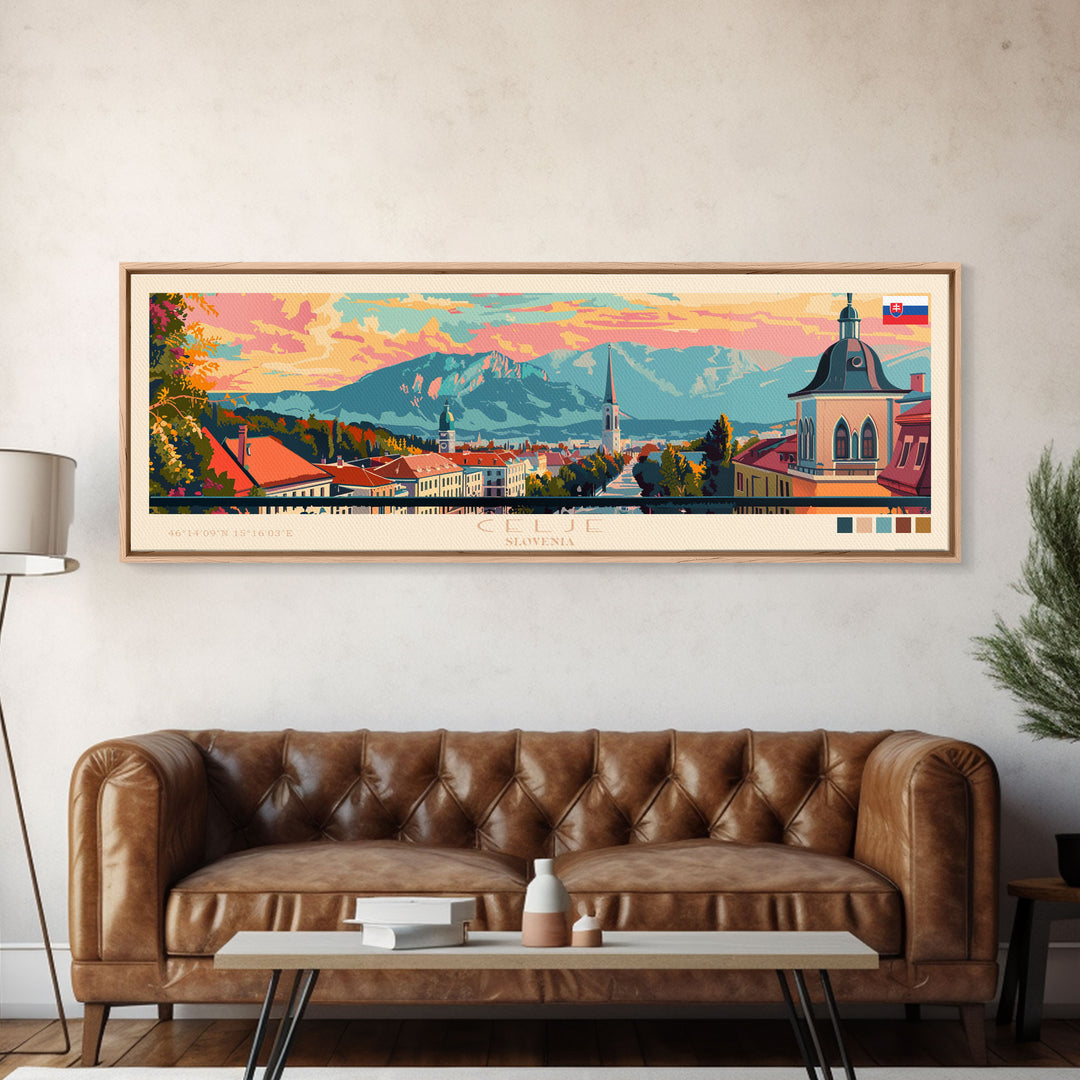 Celje Slovenia Panoramic Travel Poster, Framed Canvas Print or Metal Wall Art, Travel Art, Home Decor, Panoramic Painting, Midcentury Art