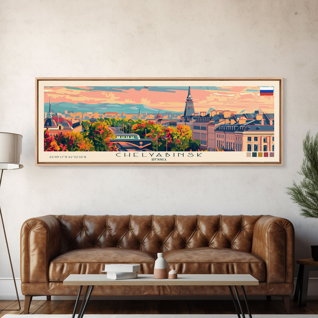 Chelyabinsk Russia Panoramic Travel Poster, Framed Canvas Print or Metal Wall Art, Travel Art, Home Decor, Panoramic Painting, Midcentury Art