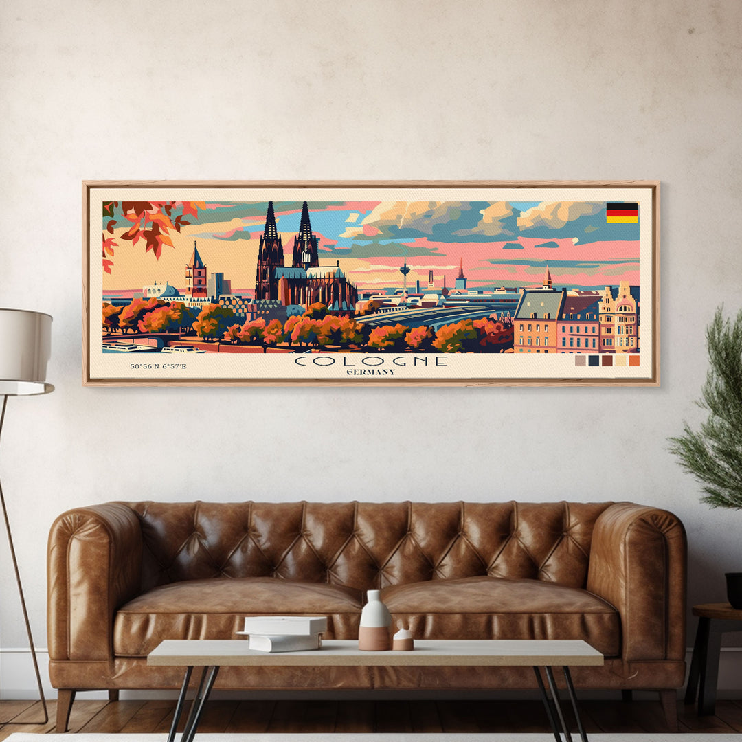 Cologne Germany Panoramic Travel Poster, Framed Canvas Print or Metal Wall Art, Travel Art, Home Decor, Panoramic Painting, Midcentury Art