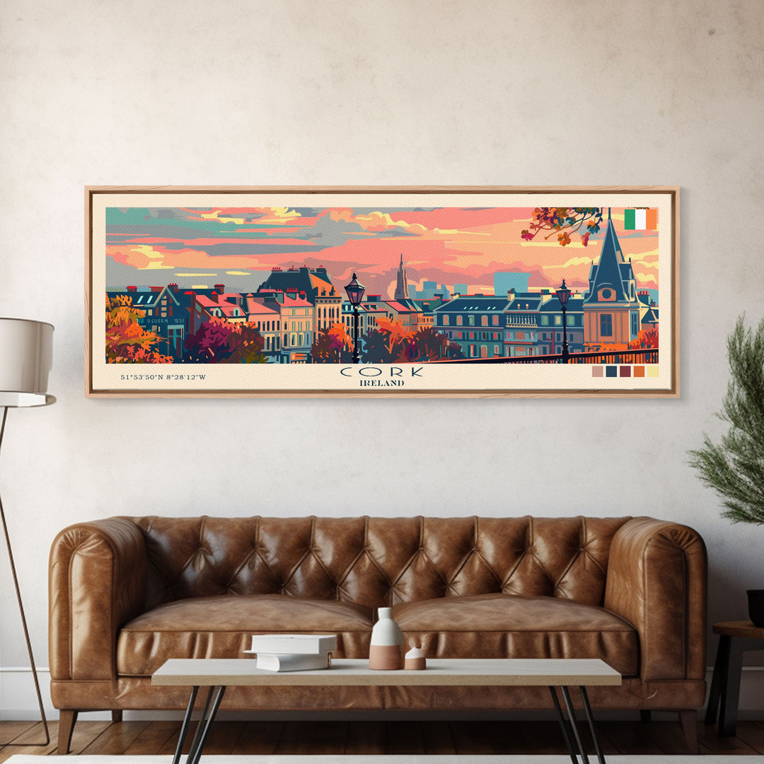 Cork Ireland Panoramic Travel Poster, Framed Canvas Print or Metal Wall Art, Travel Art, Home Decor, Panoramic Painting, Midcentury Art