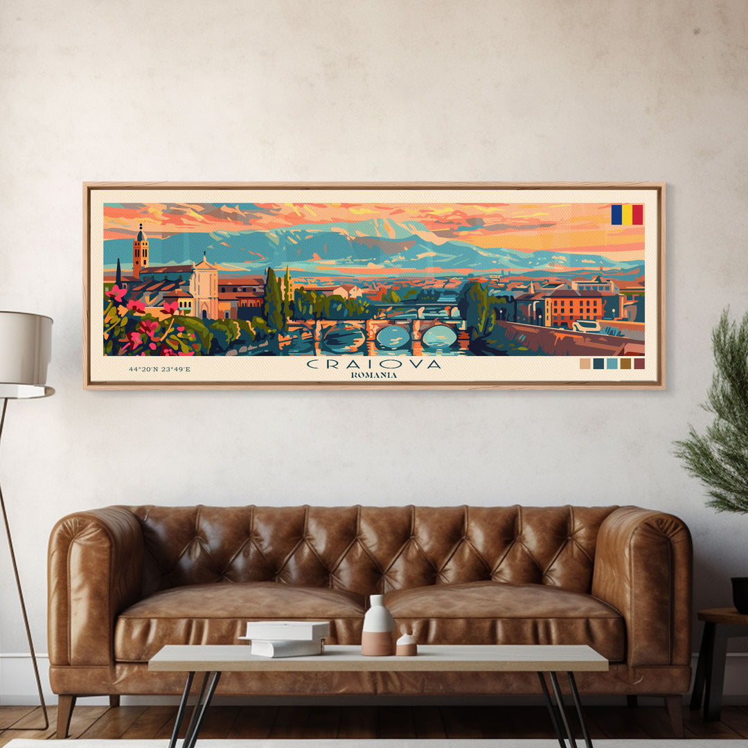 Craiova Romania Travel Print Wall Art, Panoramic City Art, Travel Art, Wall Decor, Vacation Gift, Framed Canvas Print Or Metal Art