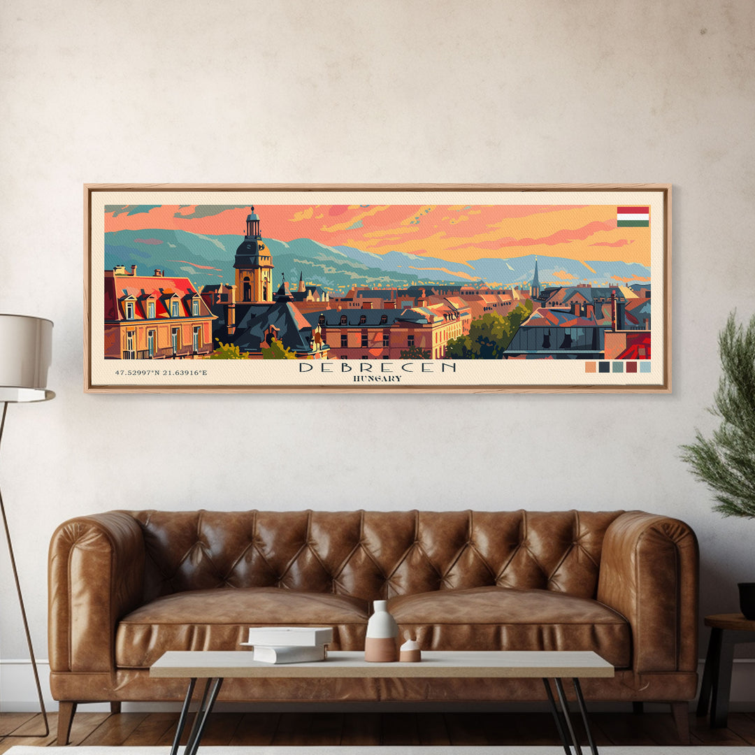 Debrecen Hungary Panoramic Travel Poster, Framed Canvas Print or Metal Wall Art, Travel Art, Home Decor, Panoramic Painting, Midcentury Art