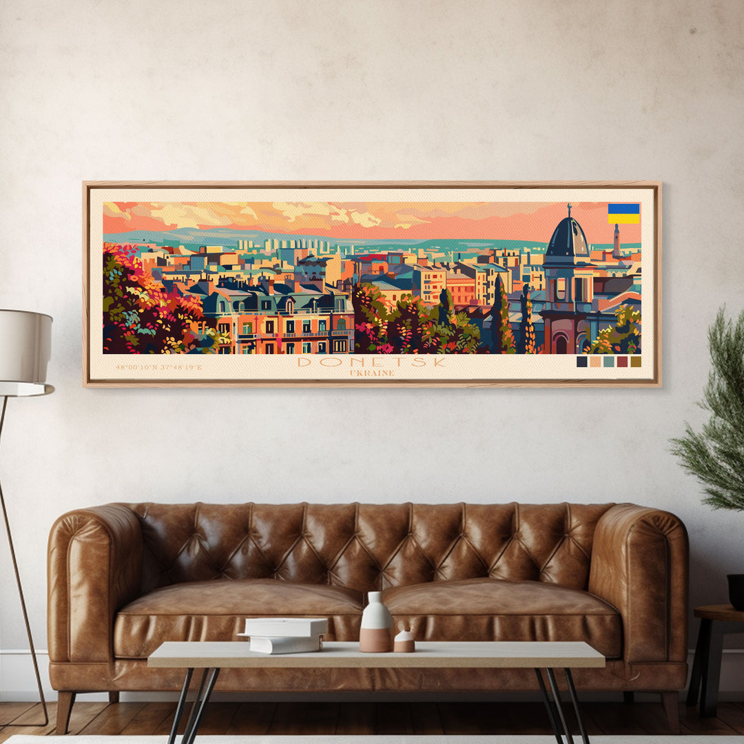 Donetsk Ukraine Panoramic Travel Poster, Framed Canvas Print or Metal Wall Art, Travel Art, Home Decor, Panoramic Painting, Midcentury Art